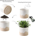 Nihow Ceramic Plant Pot: 6 Inch Planter with Drainage Hole & Saucer for Indoor & Outdoor Plants - Cylinder Round Flower Pot for Succulent/Herbs/Violets - White & Nature
