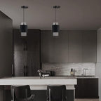 1 Light Hanging Indoor Kitchen Island Pendant Light 6" Drum Glass Shade Pendant Ceiling Light Fixtures Modern Farmhouse Dinning Over Sink (Black Finish, 2 Pack)
