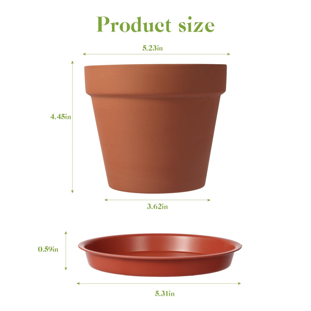 KOAMLY 6 PCS Clay pots and Plates, 5-inch red Clay pots with Drainage, Perfect for Indoor, windowsill, and Garden Plants