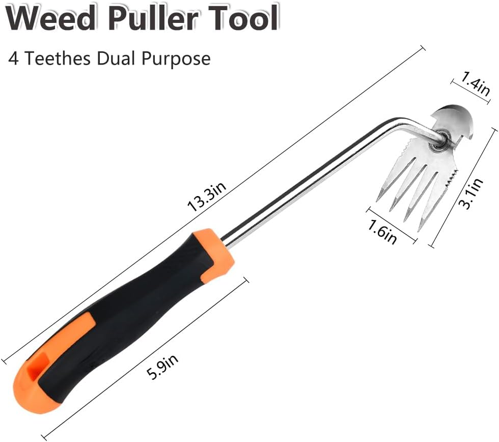 Weed Puller Tool，2025 New Garden Weeder Tool Stainless Steel Hand Weeder Tool,4 Teethes Dual Purpose Weed Remover Tool Weeding Tools for Gardening (Rubber Handle)