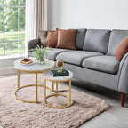 aboxoo Coffee Table Nesting White Set of 2 Side Set Golden Frame Circular Round and Marble Pattern Wooden Tables, Living Room Bedroom Apartment Modern Industrial Simple Nightstand