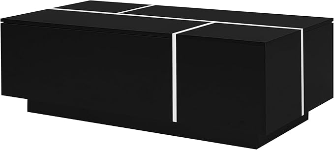 Modern High Gloss Coffee Table with Hidden Storage Space, 47.2-Inch Wooden Extending Top Center Table with Drawers for Living Room, Black