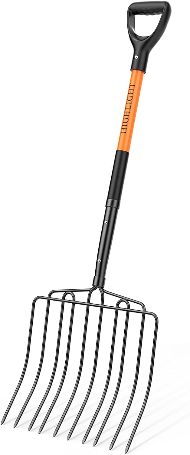 HIGHLIGHT Pitch Fork for Gardening,10 Tines Wide Pitch Fork with Fiberglass Handle, Heavy Duty Pitch Fork for Manure/Bedding/Haystack, 45 Inches