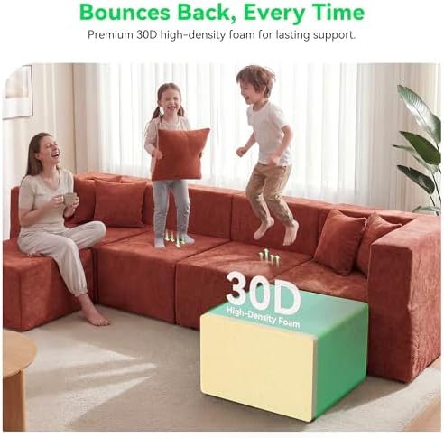 MONVANE U Shaped Sectional Couch Oversized, Chenille, Rust Red | 6-Seat Sectional Couch for Living Room, Modular Cloud Sofa with Ottoman & 6 Throw Pillows, No Assembly Required