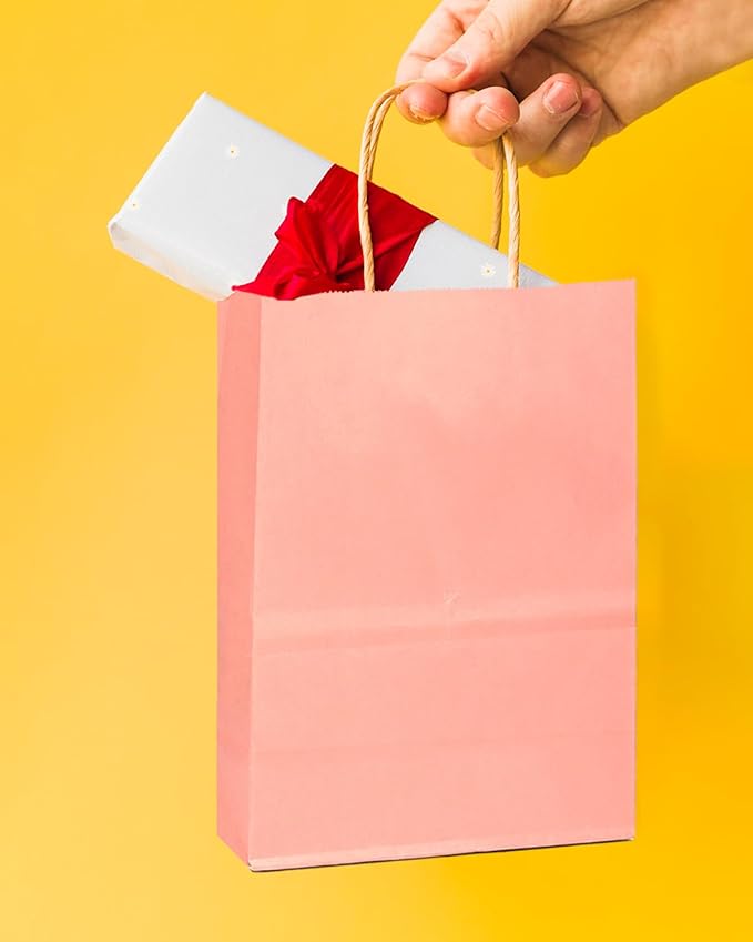 qiqee 24 Pcs Bright Pink Mini Paper Gift Bags with Handles 6"x4.5"x2.5" Small Brown Kraft Party Favor Bags Treat Bags Multiple Uses (Mini size)