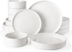 Famiware Nebula Dinnerware Set with Pasta Bowls, Service for 4 (16pcs), Fine Stoneware Plates and Bowls Sets, Microwave and Dishwasher Safe Dishes Set, White