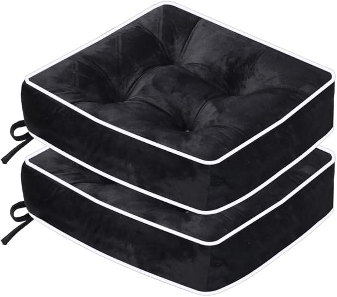 ERWUDEling Set of 2 Tufted Waterproof Outdoor Chair Cushions - 19x19x5 inchThick Patio Seat Pads with Ties for Lawn, Wicker & Garden Furniture,Black