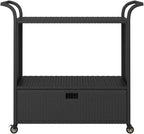 Outdoor Rolling Wicker Bar Cart with Drawer, Portable Bar Cart with Wheels, Patio Kitchen Island Cart for Pool Deck Backyard, Black 39.4"x17.7"x38.2" Poly Rattan -460