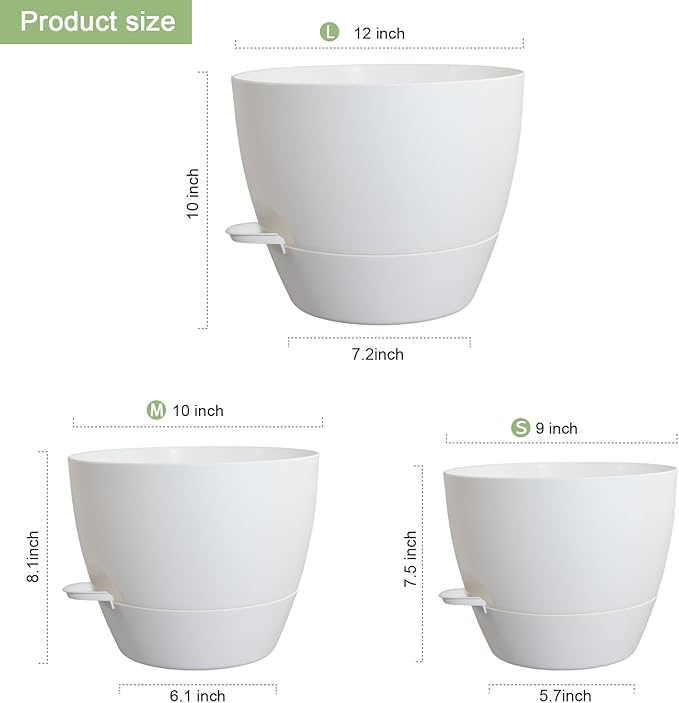 12/10/9 inch Large Self Watering Pots, Plant Pots with Mesh Drainage Holes for Indoor Outdoor Garden Plants, Flower Pots with Removable Deep Reservoir, Set of 3 Plastic Planters, White