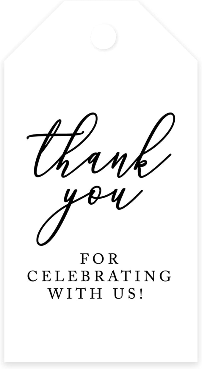 Andaz Press 100-Pack Thank You for Celebrating with Us Favor Tags Minimal Modern Cardstock Gift Tags with Bakers Twine for Wedding Baby Shower Bridal Shower Birthday Party Favors 2 x 3.75-Inches