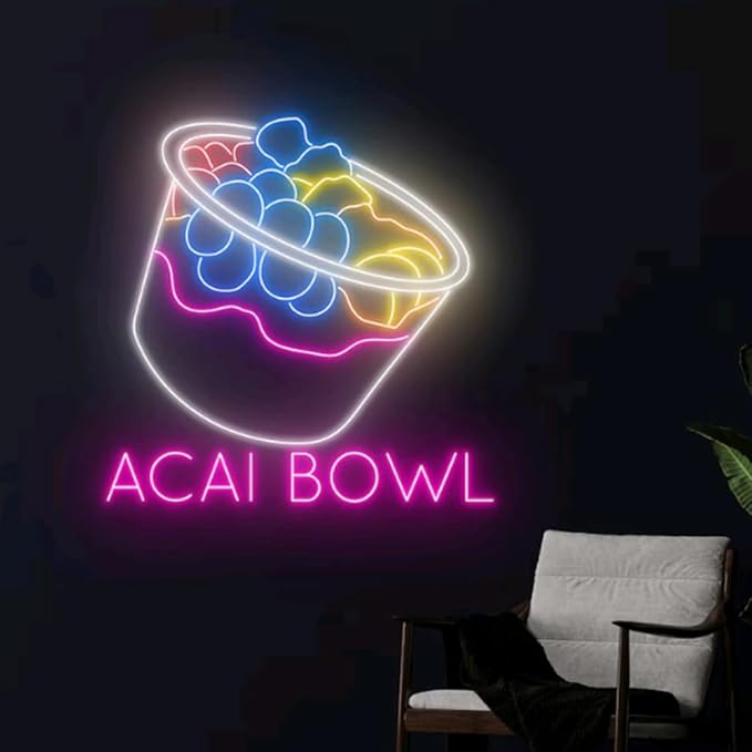 Acai Bowl Neon Sign, Acai Bowl LED Light, Acai Bowl Fruit Neon Light, Open Led Sign, Cafe Room Wall Decor, Club Neon Light, Drink Led Sign Size:18inches