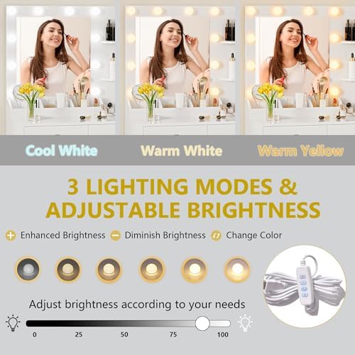 Vanity Desk with Mirror and Lights, Makeup Vanity Table Set with 5 Storage Drawers, Power Outlet & Chair, Small Dressing Table with RGB Ambient Light, Adjustable Brightness for Girls Bedroom, White