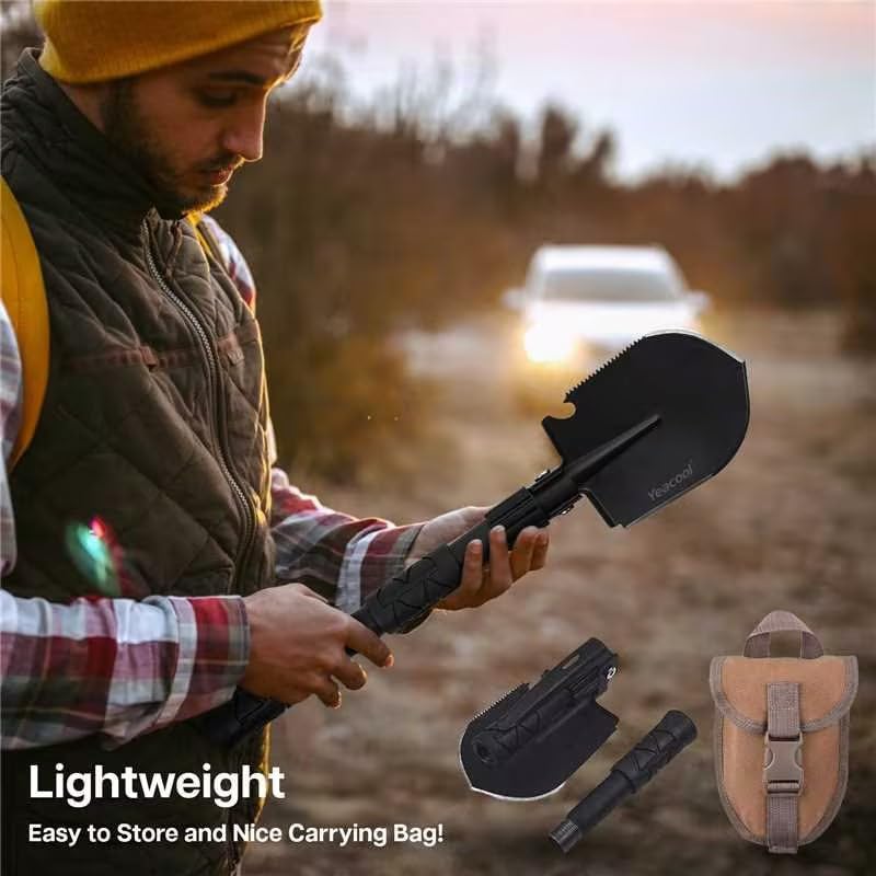 Folding Survival Shovel Multi-Tool, Heavy-Duty Military Entrenching Tool with Pickaxe, Collapsible Spade for Disaster Recovery, Car Emergency, Metal Detecting, Camping, Digging, and Gardening