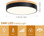Dimmable Modern Wood Ceiling Light, Black LED 5CCT 2700K-6000K Flush Mount Ceiling Lighting Fixture, Round Light Fixtures for Kitchen Entryway Hallway Bedroom Laundry Room-11.8in