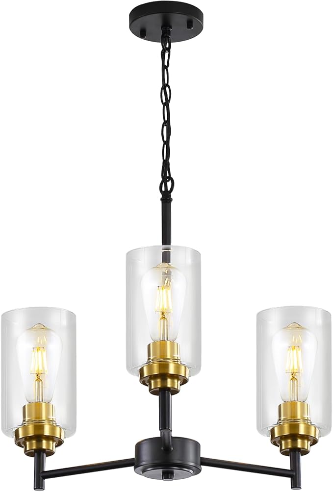 9MMML 3 Lights Black and Gold Chandelier, Modern Glass Ceiling Chandelier Light Fixture for Dining Room, Kitchen, Over Table,Foyer, E26 Base