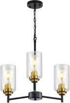 9MMML 3 Lights Black and Gold Chandelier, Modern Glass Ceiling Chandelier Light Fixture for Dining Room, Kitchen, Over Table,Foyer, E26 Base