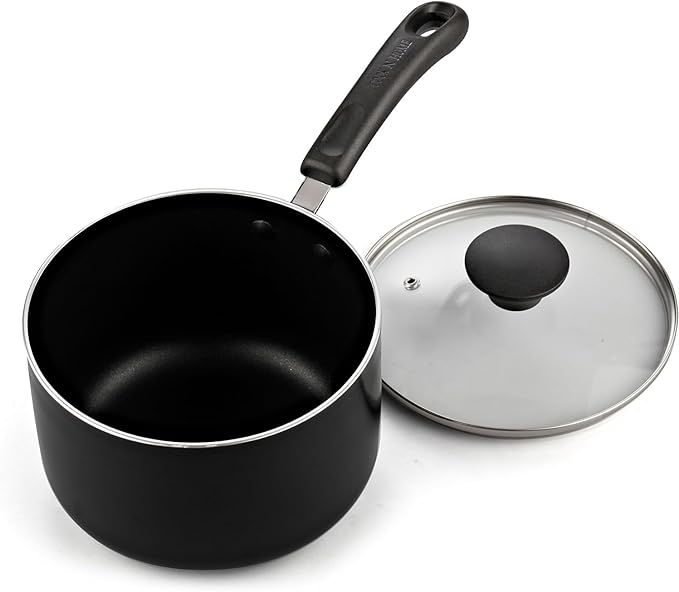 Cook N Home Nonstick Sauce Pan with Glass Lid 3-Qt, Multi-purpose Pot Saucepan Kitchenware, Black, Aluminum