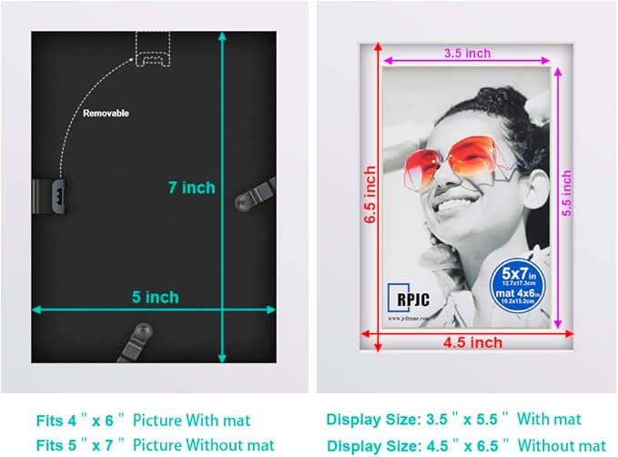 RPJC 5x7 inch Picture Frame Made of Solid Wood and High Definition Glass Display Pictures 4x6 with Mat or 5x7 Without Mat for Wall Mounting Photo Frame White
