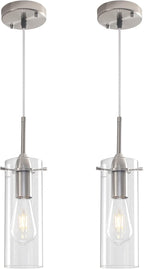 Glass Pendant Lights Kitchen Island 2 Packs, Brushed Nickel Pendant Light, Modern Clear Glass Pendant Light Fixture, Hanging Pendant Lights for Kitchen Island Dining Room Hallway
