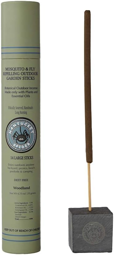 Nantucket Spider Mosquito Repellent Sticks 14 Pack and Holder | Repels Mosquitoes & Flies | Slate Block Holder | Outdoor Garden Natural Essential Oil Incense | Woodland Scent