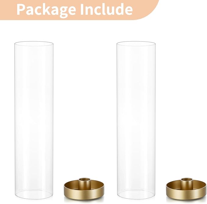 NUPTIO Gold Taper Candle Holders: 2 Pcs Hurricane Metal Candlestick Holder Stand with 11.81 inch Tall Clear Glass Open Ended Cylinder Covers for Tapered Candles Wedding Party Centerpieces for Tables