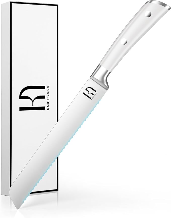 Bread Knife - 8 Inch Japanese Serrated Sourdough Bread Slicing Knife, High Carbon Stainless Steel, Razor Sharp, Ergonomic White Handle