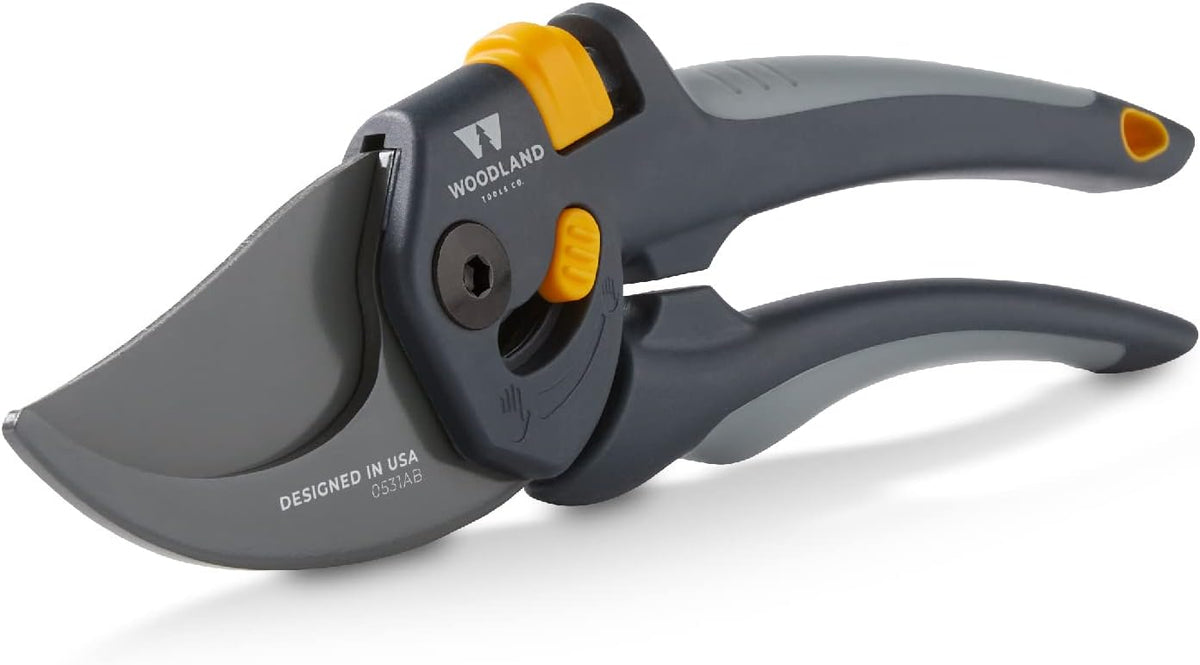 Woodland Tools Co. Heavy Duty Bypass Pruning Shears – 5/8" Cut Capacity, High Carbon Steel Blade, Internal Spring, Adjustable Grip Slider, Garden Hand Pruner for Plants, Shrubs, and Live Stems