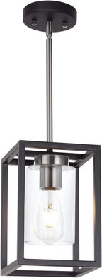 VINLUZ Single 1 Light Black and Brushed Nickel Modern Glass Pendant Light Industrial Modern Metal Chandelier with Clear Glass Shade for Dining Room Kitchen Island Foyer Cafe