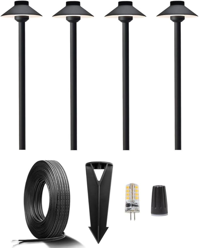 12V Brass Landscape Black Path Lighting Kit (4 Pack Path Lights) with 100 Feet Cable and 20Pack Wire Connectors for Outdoor House Garden Patio Walkway Without Low Voltage Transformer
