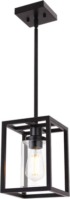 VINLUZ 1 Light Single Pendant Lighting Fixture in Matte Black Finish,Classic Farmhouse Chandelier with Clear Glass Shade Hanging Ceiling Light