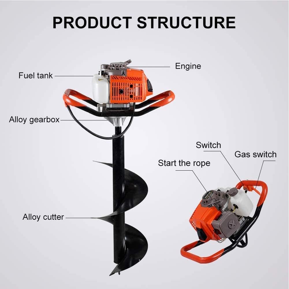 72cc Post Hole Digger 2-Stroke Petrol Gas Powered Earth Digger with 2 Extension Rods + 3 Auger Drill Bits (4" 8" & 12") for Farm Garden Plant
