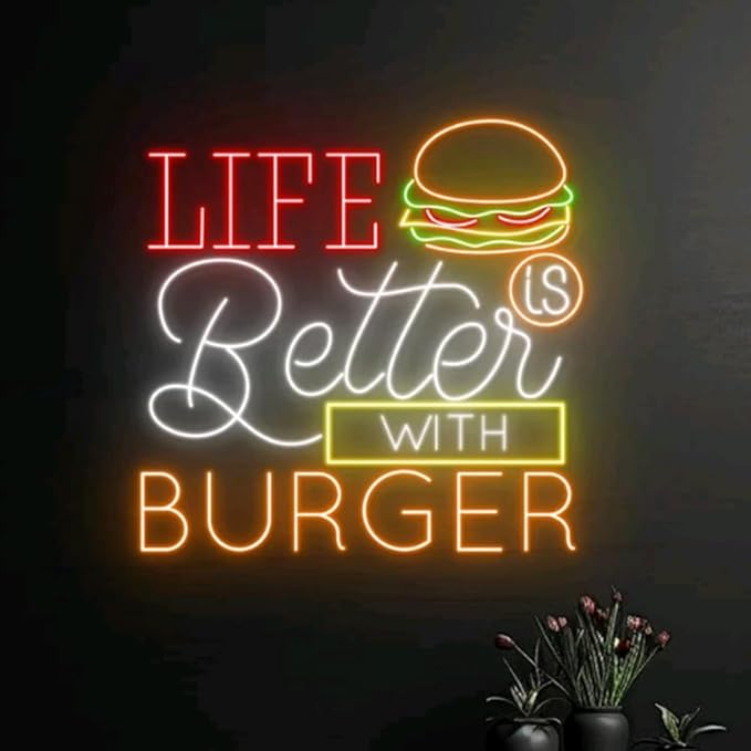 Life Is Better With Neon Burger Sign, Burgers Neon Light, Led Sign, Restaurant Wall Decor, Size:20inches