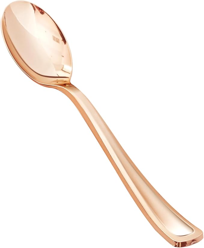 BESTVIP 50 Pack 6.9 Inch Rose Gold Plastic Spoons, Heavy Duty Plastic Silverware, Heavyweight Rose Gold Spoons, Disposable Serving Utensils for Catering, Parties, Dinners, Weddings, Christmas