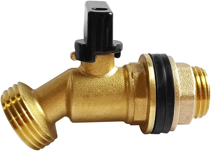 Uenede Brass Water Container Rain Barrel Faucets Spigot 3/4" G Male Thread Large Inlet to 3/4" GHT Male Thread Outlet with Quarter Turn Ball Valve Include Bulkhead Fitting and Washers 2PCS