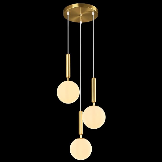 Modern Gold Pendant Light Hanging Fixture Light for Kitchen Island Mid Century with Globe Pendant Light Milk White Glass Pendant Lighting for Living Room Bedroom Entryway (3 Lights)