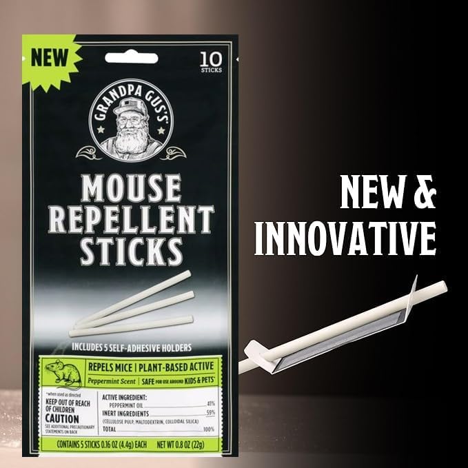 Grandpa Gus's Natural Mouse Repellent Stick, Patented Delivery of Concentrate Peppermint Scent, Plant-Based, Humane Rodent Repellent for Home, Campers & RVs, Pack of 10