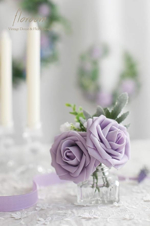 Floroom Artificial Flowers 25pcs Real Looking Lavender Purple Ombre Colors Foam Fake Roses with Stems for DIY Wedding Bouquets Bridal Shower Floral Centerpieces Party Tables Home Decorations