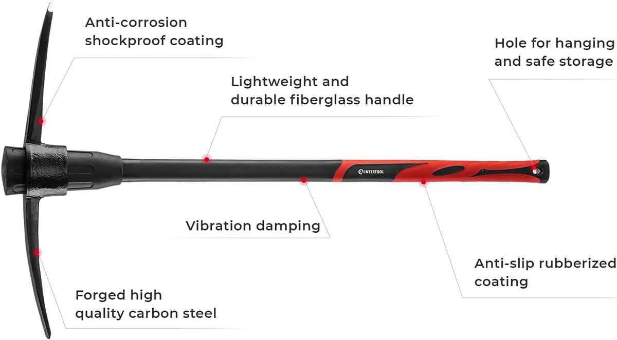 INTERTOOL Pick Axe for Digging - 36” Heavy Duty Garden Mattock Pickaxe - Rust Resistant Steel with Adze Hoe & Shock Absorbing Fiberglass Anti-Slip Handle - Cultivate, Loosen Soil, Dig - HT08-0305