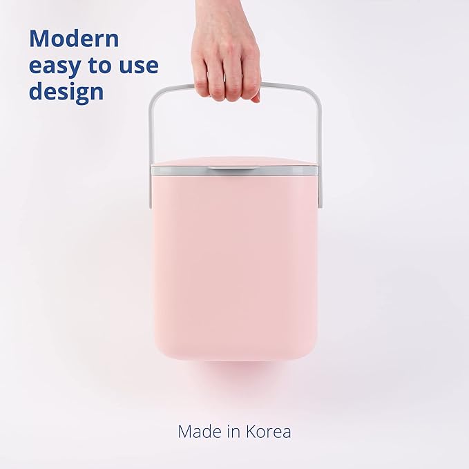 BLUE GINKGO Kitchen Compost Bin [5L / 1.32 GAL] – Filter-Free, Odor-Tight Countertop Food Waste Pail with Handles (Made in Korea, Pink)