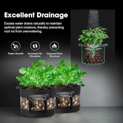 VIVOSUN 3-Pack 10 Gallon Visible Potato Grow Bags, 320G Thick Nonwoven Fabric Pots with Strap Handles, Shade Cloth & 10 Pcs Plant Labels for Flowers, Vegetables