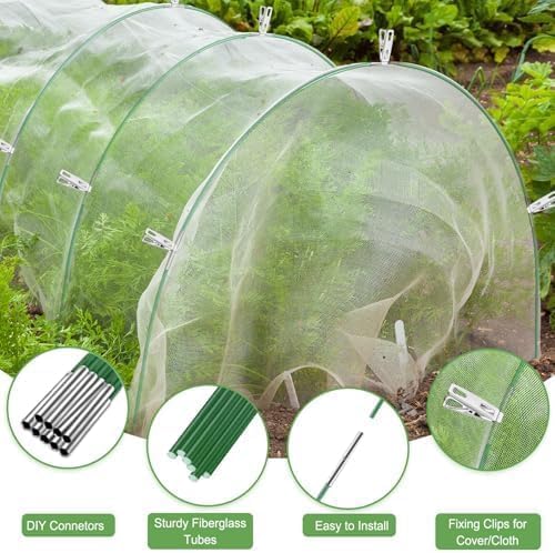 Garden Hoops for Raised Beds, 50pcs 7ft Grow Tunnel Greenhouse Support Hoops Rust-Free Frame for Garden Netting Row Cover Fabric, 10 Set DIY Fiberglass for 3 & 4 Ft Wide, 30pcs Clips