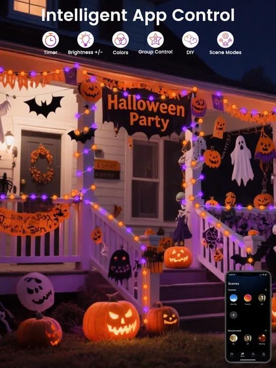 Smart Color Changing Halloween Lights, 33FT 66LED App Control RGB Globe String Light with Remote & Timer, Music Sync Twinkle Christmas Tree Light Waterproof Indoor Outdoor Halloween Decorations