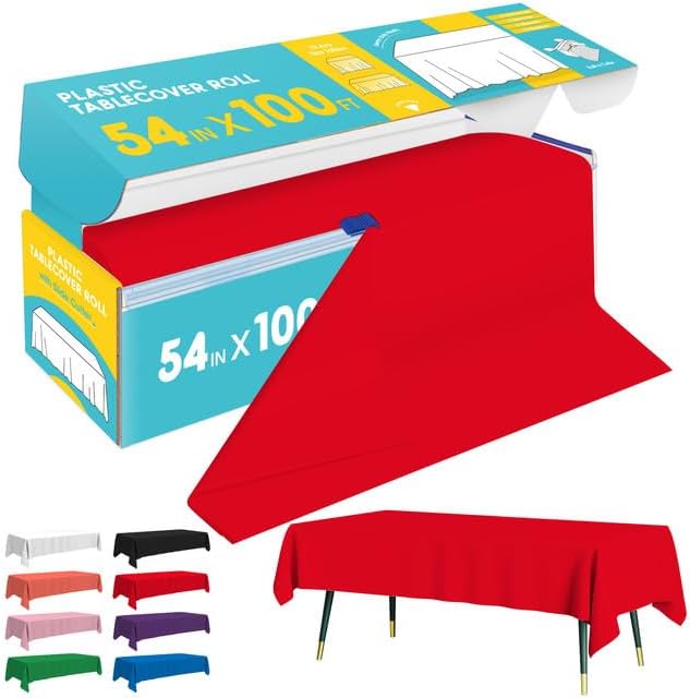 Red Plastic Table Cover Roll - 54IN x 100FT, Table Cloth for Rectangle Table with Slide Cutter, Plastic Table Cloth Disposable with Cut-to-Size Design for Weddings, Banquets, Parties