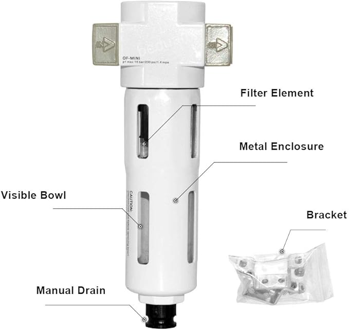 Beduan 1/2" Air in-line Compressed Particulate Filter,Moisture Water Trap Filter With Visible Bowl,Semi-Auto Drain(MIDI)