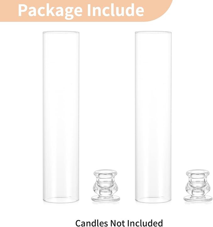 NUPTIO Taper Candle Holders Glass: Set of 2 Clear Hurricane Candlestick Holder - Fluted Candles Stick Stand with Tall Windproof Cylinder Cover for Thanksgiving Christmas Decor