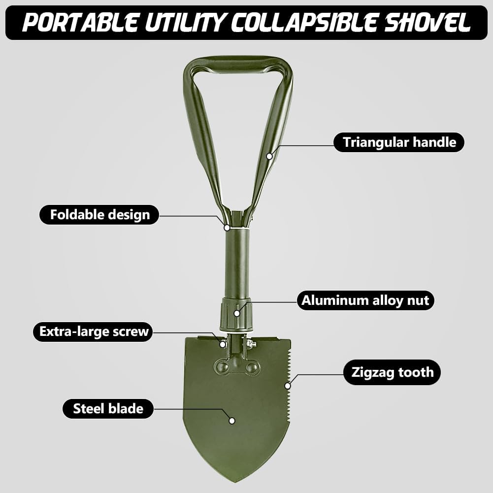 Camping Shovel, 18.5'' Digging Shovel Portable Ergonomic High Carbon Steel Folding Shovel for All Occasions Outdoor Camping Hiking Garden (Green/Silver)