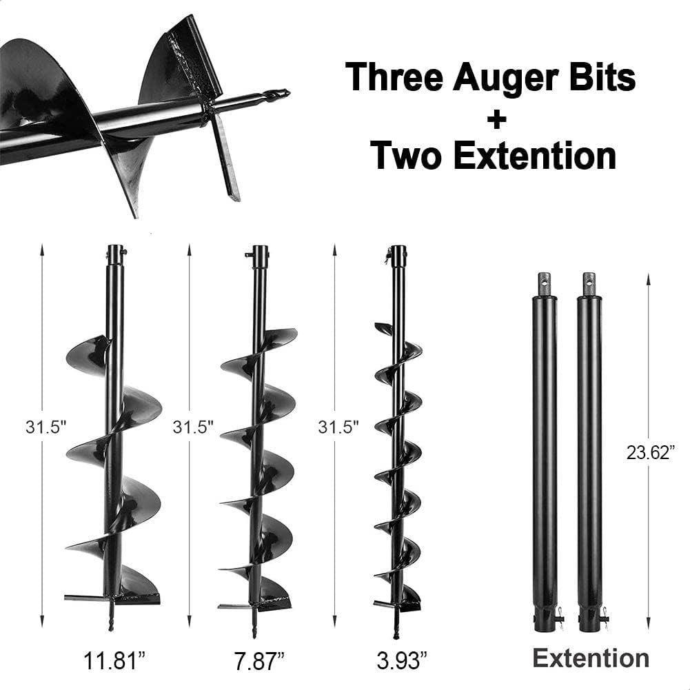 72cc Post Hole Digger 2-Stroke Petrol Gas Powered Earth Digger with 2 Extension Rods + 3 Auger Drill Bits (4" 8" & 12") for Farm Garden Plant