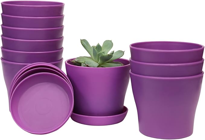 TDHDIKE 10 Pcs Plastic Planters Indoor Flower Plant Pots, Mini Flower Seedlings Nursery Pot/Planter/Flower Pot with Pallet, Modern Decorative Gardening Containers (Purple)