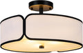 16" Semi Flush Mount Ceiling Light - 3 Lights Drum Light Fixture with Black Border White Fabric Shade, Farmhouse Close to Ceiling Light for Bedroom Living Dining Room Foyer and Hallway