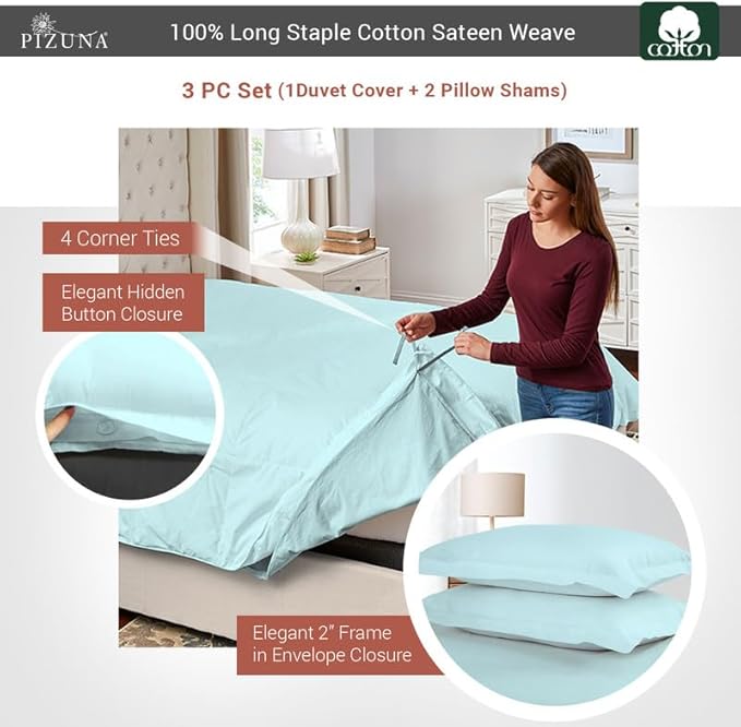 Pizuna Pure 100% Cotton Queen Duvet Cover Set, Luxurious 400 Thread Count Long Staple Cotton Sateen Weave with Button Closure (Combed Ice Aqua Cotton Duvet Cover Queen)